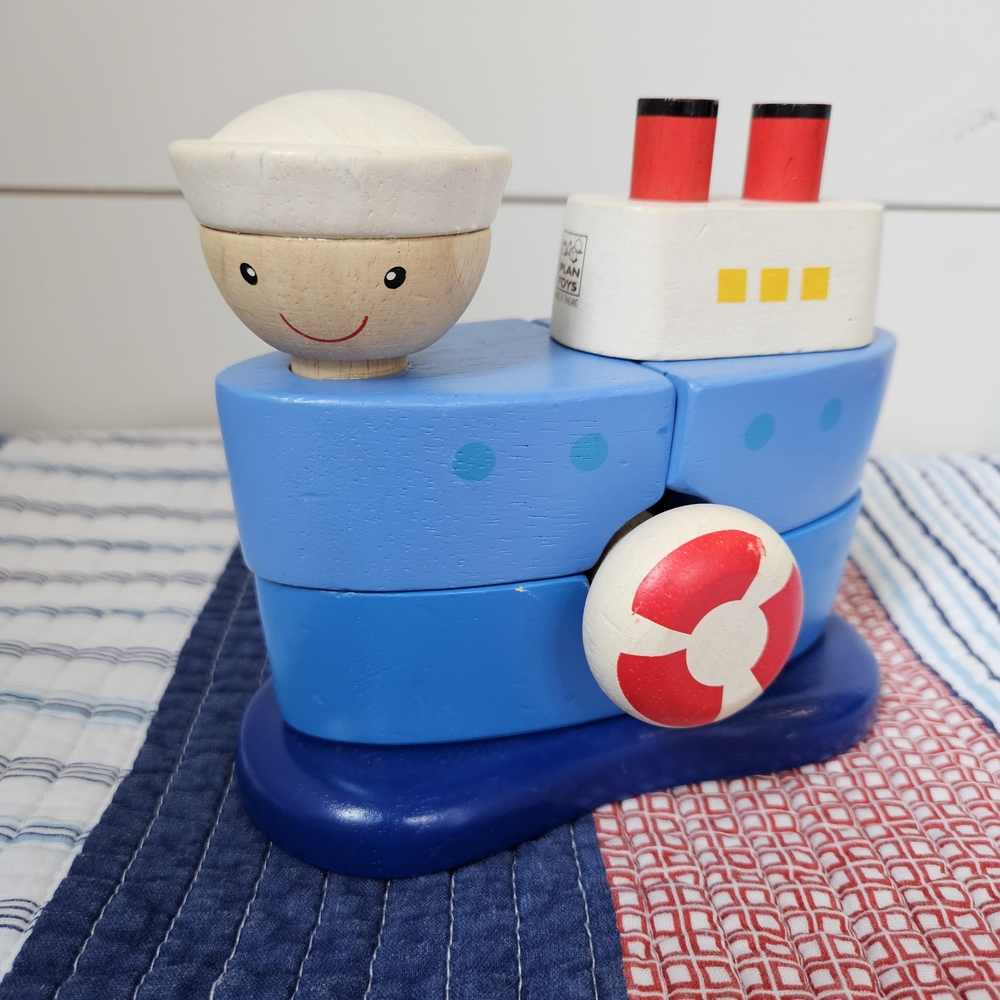 Wooden Toy Boat Puzzle Sorting Toy w Sailor - Blue & Red
